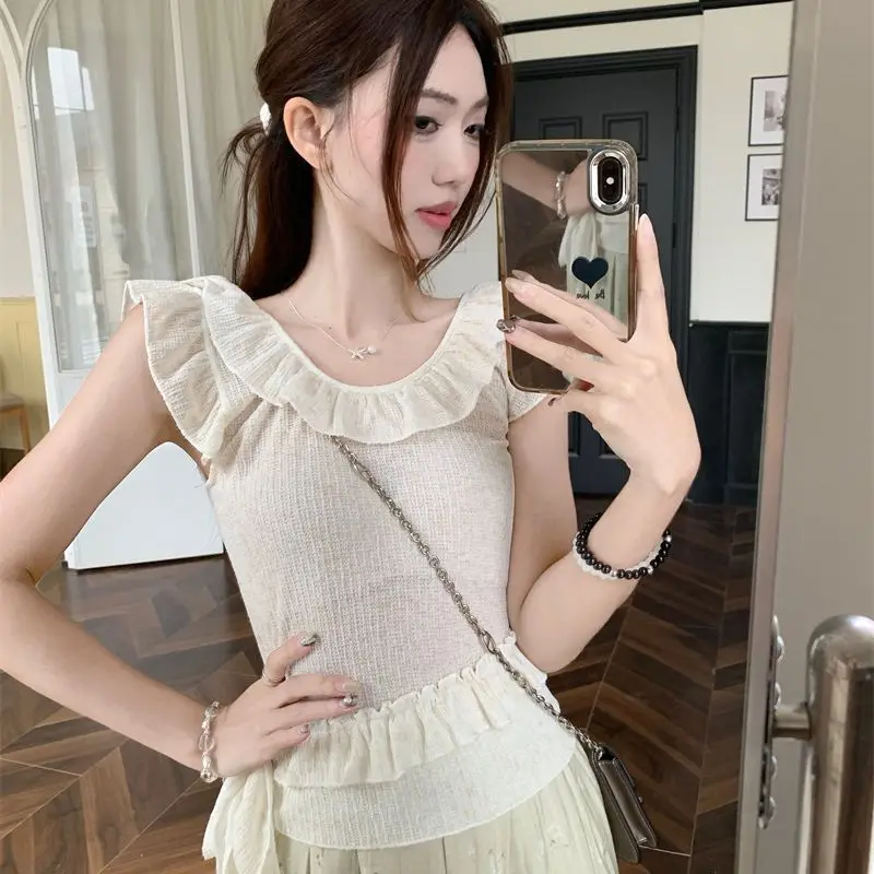 Korean Fashion Sweet Style Niche Ruffled Irregular Ribbon T-shirt 2026 Summer Slim Fit Versatile Top Ins