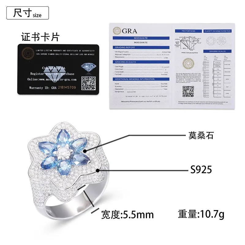 Blue Moissanite S925 Sterling Silver Flower Finger Ring for Women Men Hip Hop Bling Iced Out Luxurious Club Rings Rapper Jewelry