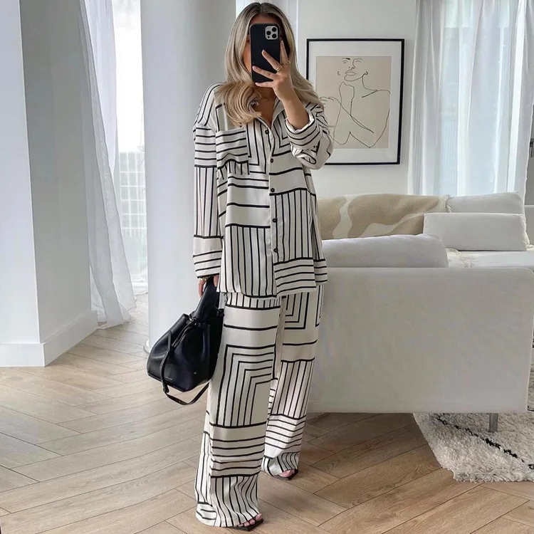 Satin Stripe Print Sleepwear Women's Pajamas Set Elegant Loose Long Sleeve High Waist Pants Home 2Pcs Pijama Wide Trouser Suits