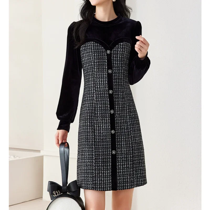 

Women Stand Collar Velvet Stitching Tweed Dress Small Fragrance Long Sleeve Vintage Fashion Autumn Winter Elegant Mini Dress