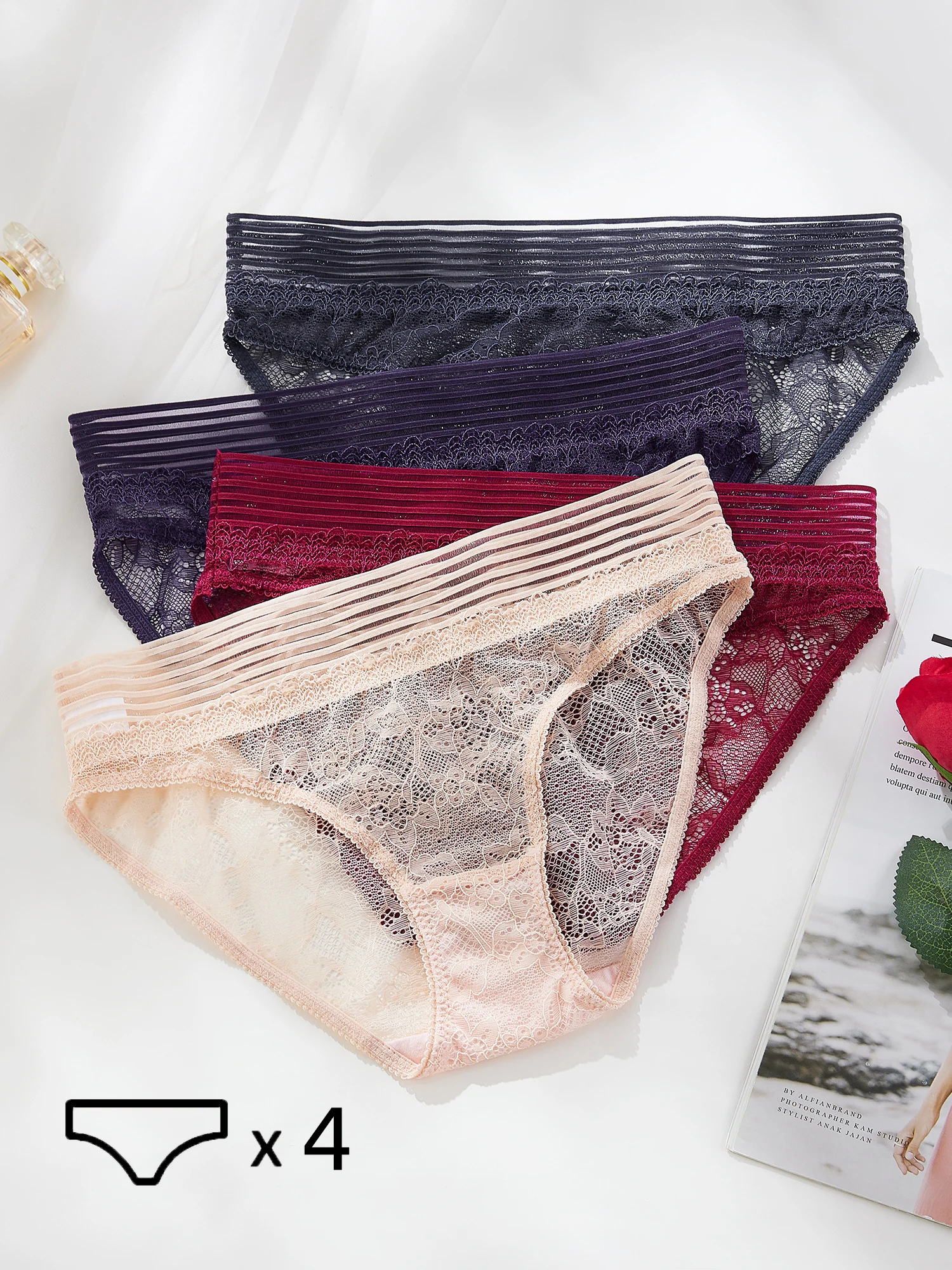 

4pcs Sexy Lace Briefs Pure Cotton Crotch Panties Breathable Comfortable Underwear Skin-friendly Intimates Lingerie