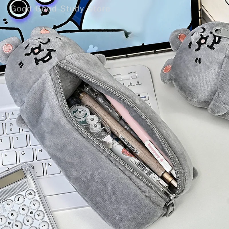 Astuccio per matite in peluche con topo sorridente dei cartoni animati Borsa per cancelleria per studenti carina Borsa di stoccaggio di grande capacità