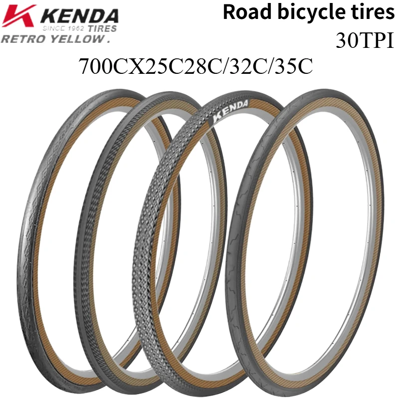 Kenda Bike Tires 700 x 25C 28C 32C 35C Premium Road Commuting Bicycle Tires with Retro Yellow Sidewalls High TPI for Enhanced