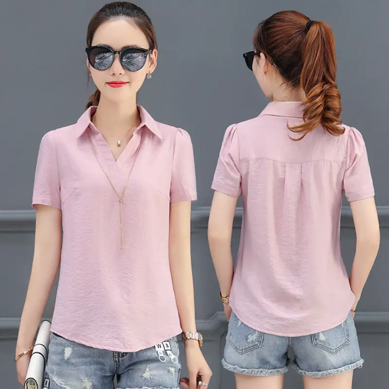 Summer Short Sleeve All-match Office Shirt Tops Basic Solid Simplicity Polo Neck Office T Shirts Casual Fashion Women Clothing