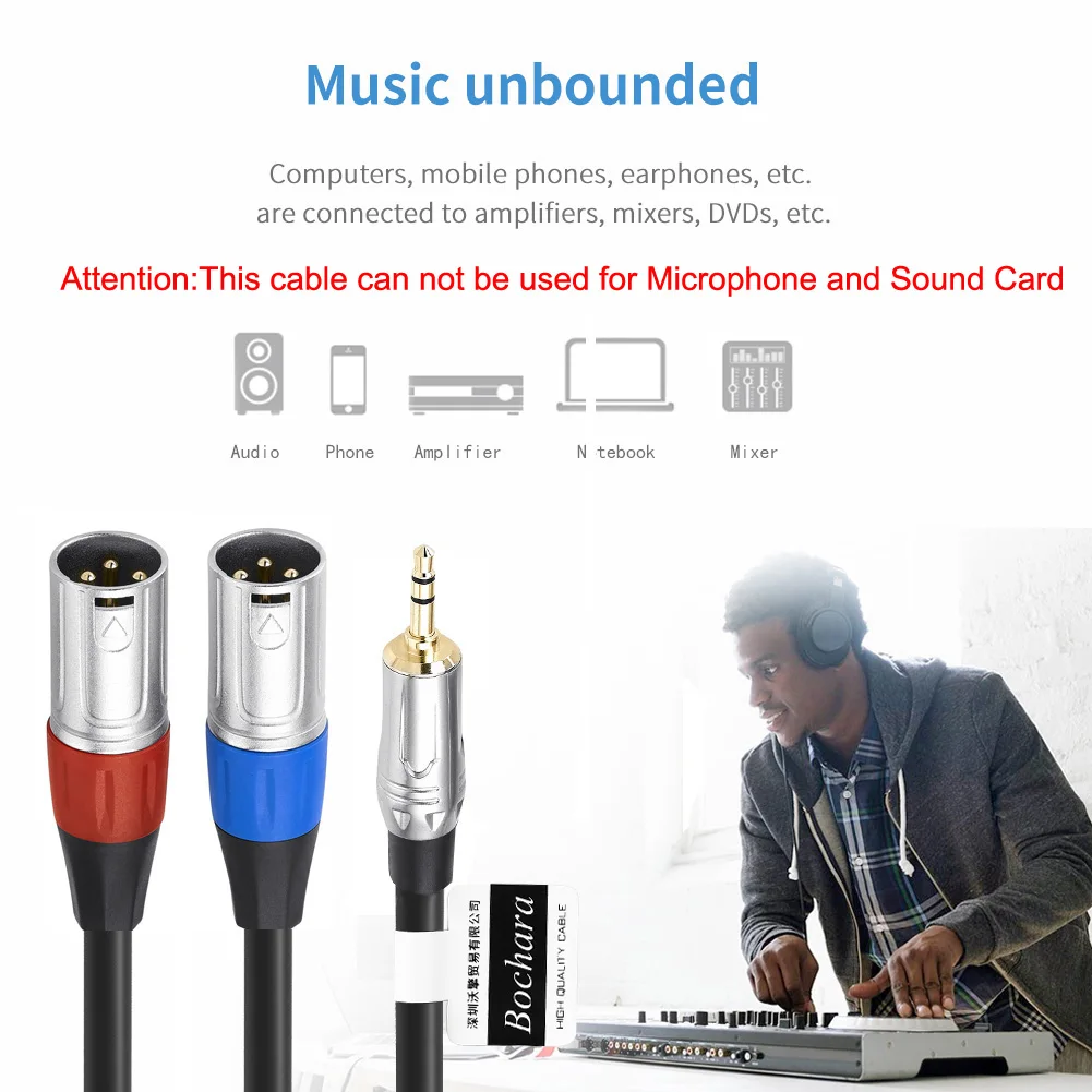 Bochara Gold Plated 3.5mm Stereo Jack TRS  to Dual XLR Male OFC Aux Audio Cable Foil+Braided Shielded For Speakers 1m 2m 3m