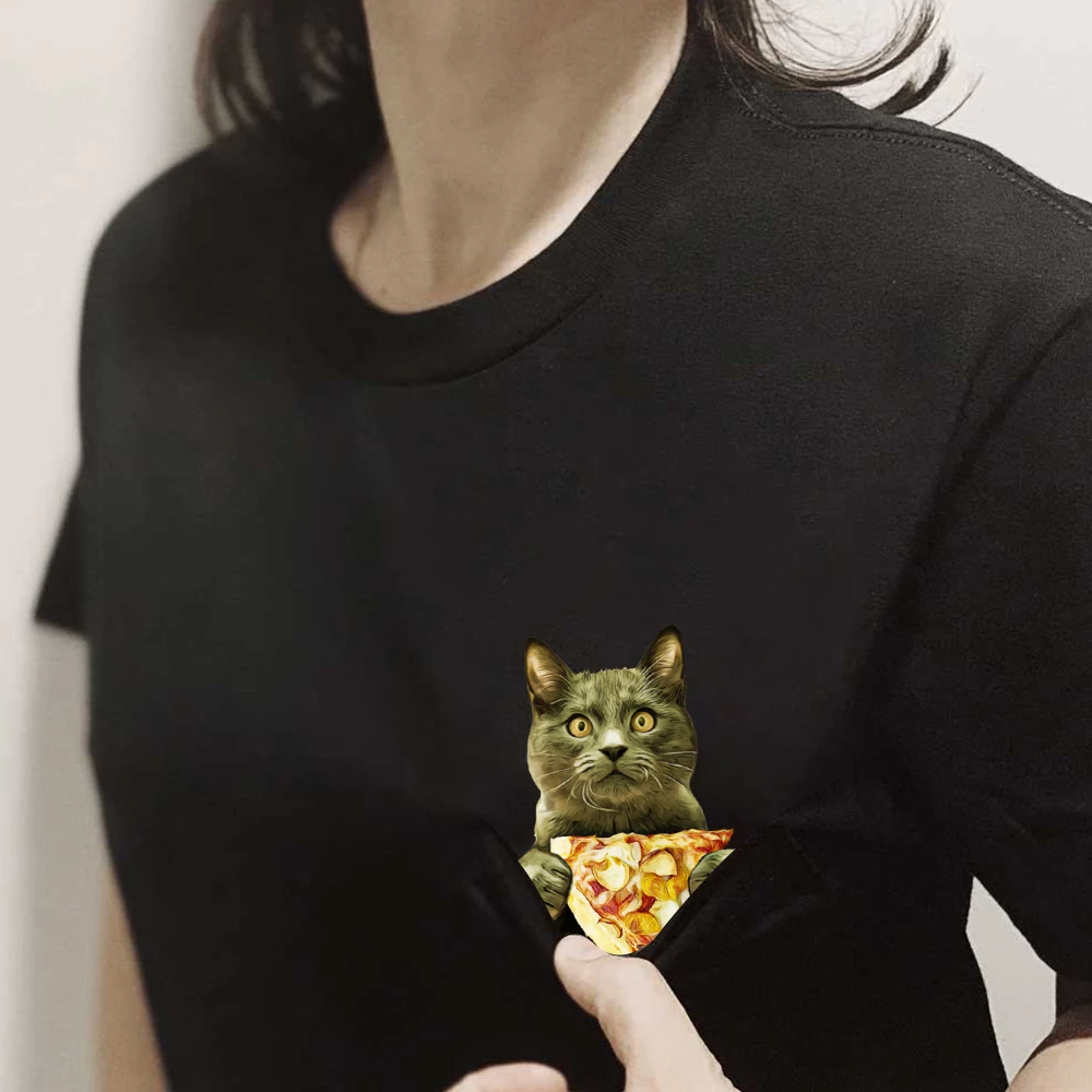 CLOOCL Funny Cats T-Shirts Newest British Shorthairs Cheese Pizza Printed Pocket T-shirt Mens Women Clothing Short Sleeve Shirts