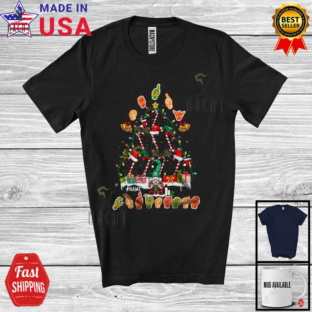 

Custom Name Merry Christmas; ASL Hands Sign Language Candy Cane X-mas Tree Shirt