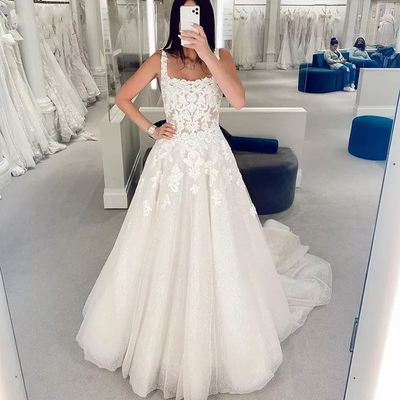 

Glitter Lace Wedding Dresses Sleeveless Square Neck Appliques Bohemia Bridal Gowns Women 2023 A-Line Princess Bride Dress