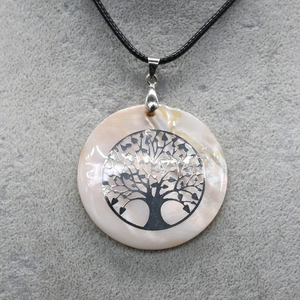 Natural Round Shell Pendant Tree of Life Necklace Fashion Jewelry Mother of Pearl Shells Necklaces Leather Rope for Women Gift