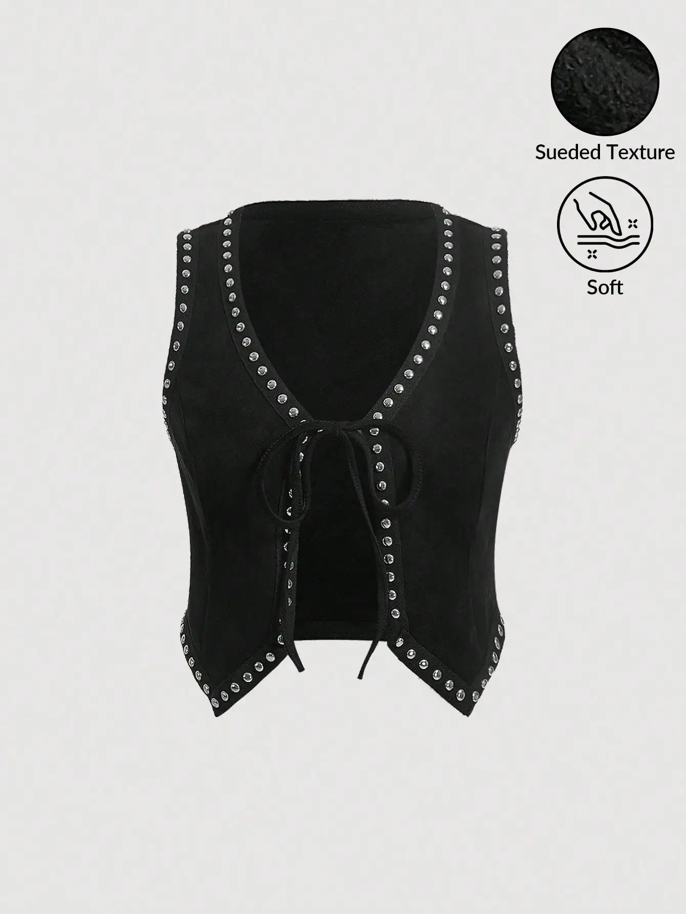 

Black Sueded Tie-Front Vest with Studs for Women, Western Style Fall/Winter Outerwear