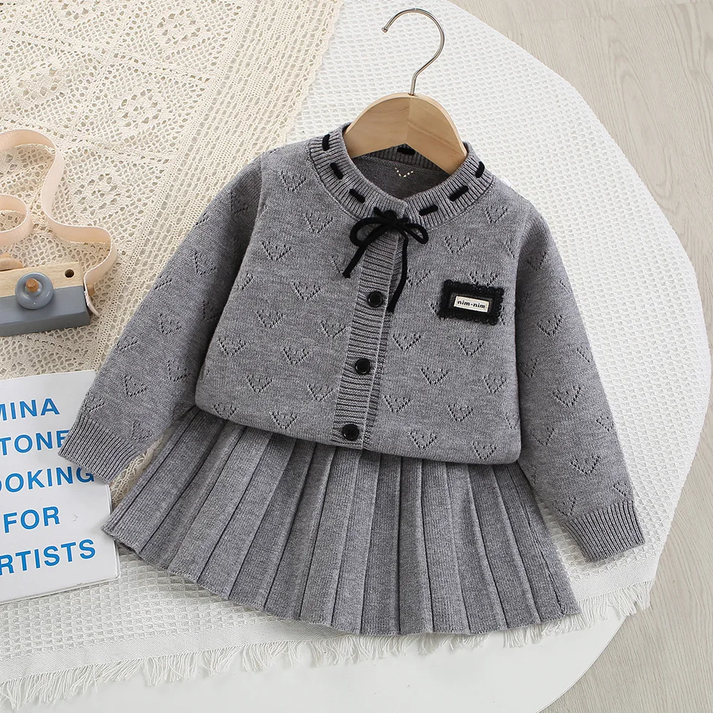 Children\'s sweater set girls autumn winter knitted cardigan long-sleeved jacket + checkered pleated skirt set 1-6 years
