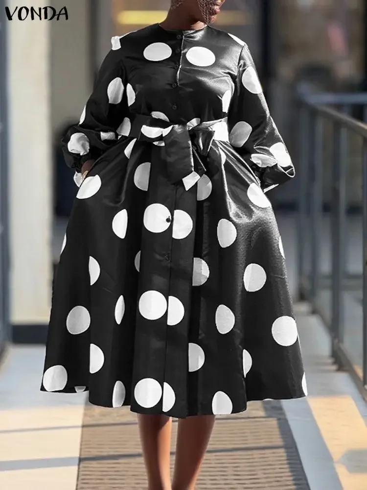 Plus Size 5XL VONDA Bohemian Women Polka Dot Abito lungo femminile Manica lunga a lanterna Stampa Party Robe Con cintura Casual Allentato Vestido