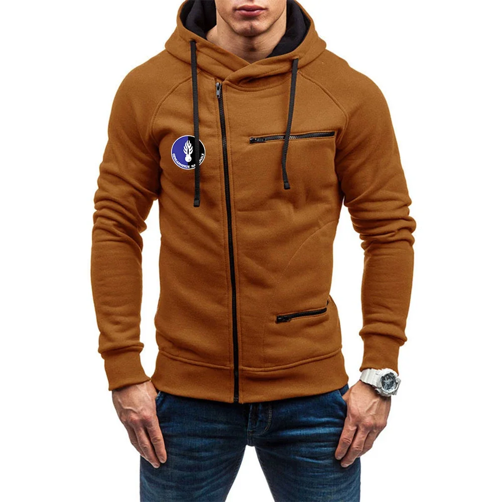 French Gendarmerie PSIG 2024 Autumn New Men New Diagonal Zip Hooded Long Sleeves Hoodies Casual Sport Jacket Sport Pullover Top