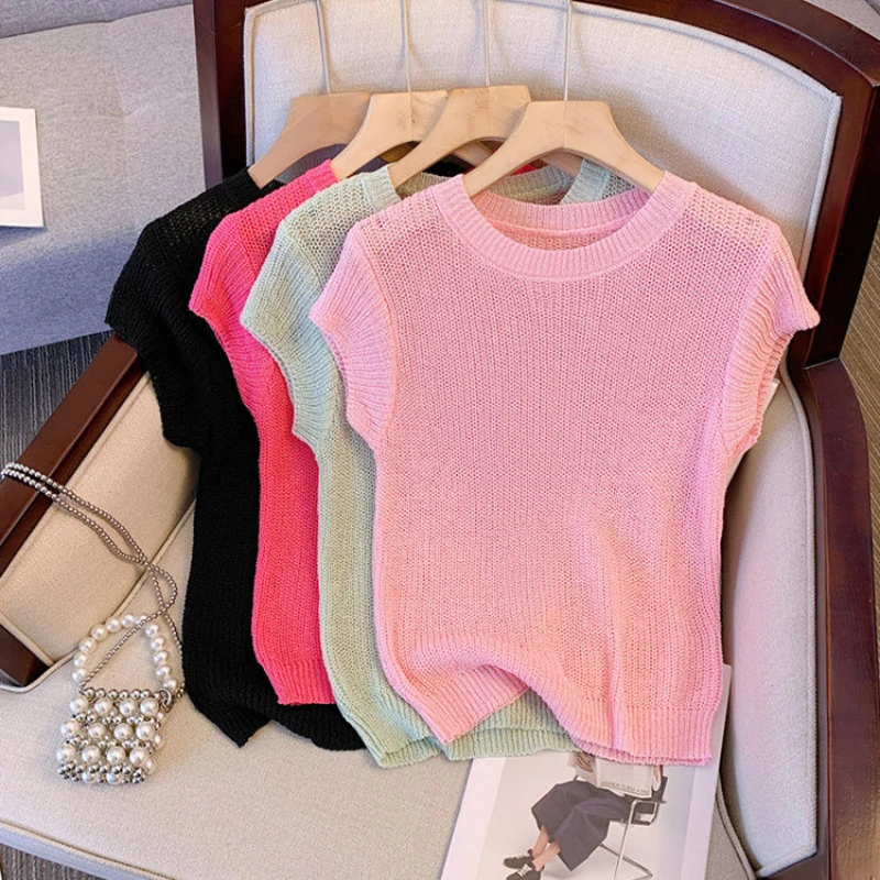 

Summer Female Ice Silk Knitted Tops Women Casual Loose V-neck Thin Knitwear T-shirts New Big Size Short Sleeve Pullover Tee Q512