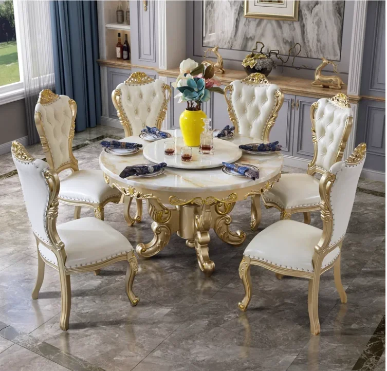 European luxury American light luxury marble dining table and chair combination solid wood home restaurant round table table