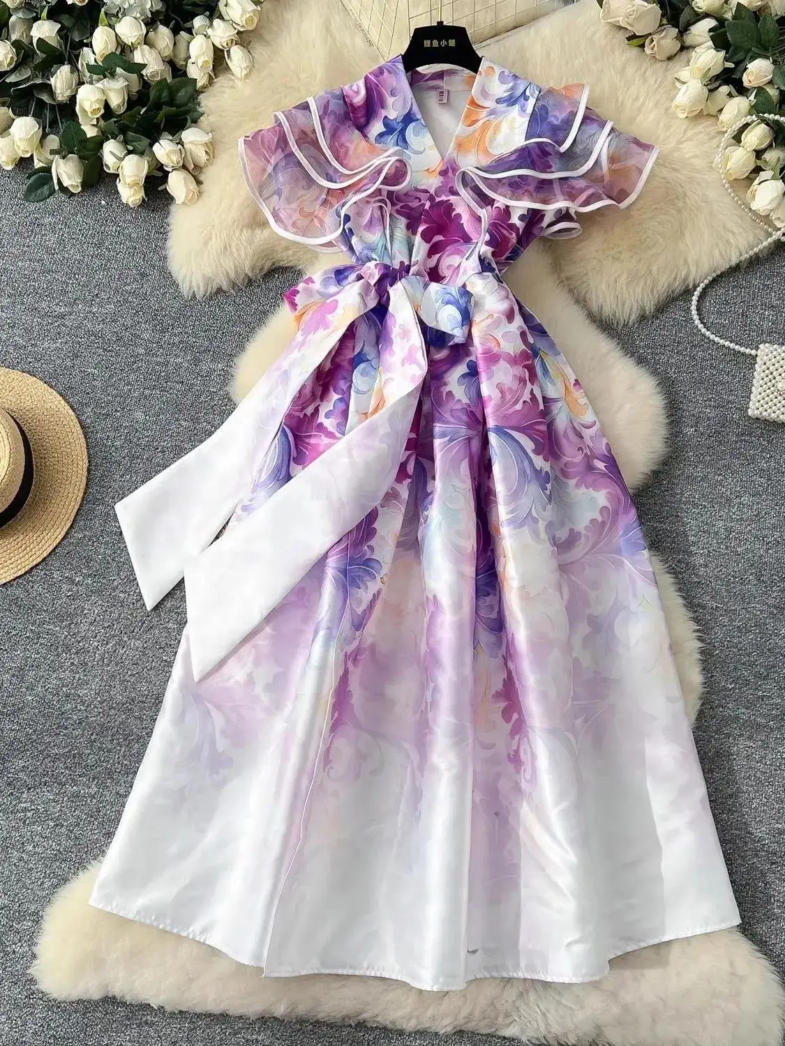 Mulheres com decote em v bandagem rendas até camada babados vestidos longos francês elegante floral impressão bola para baixo festa à noite envoltório vestidos