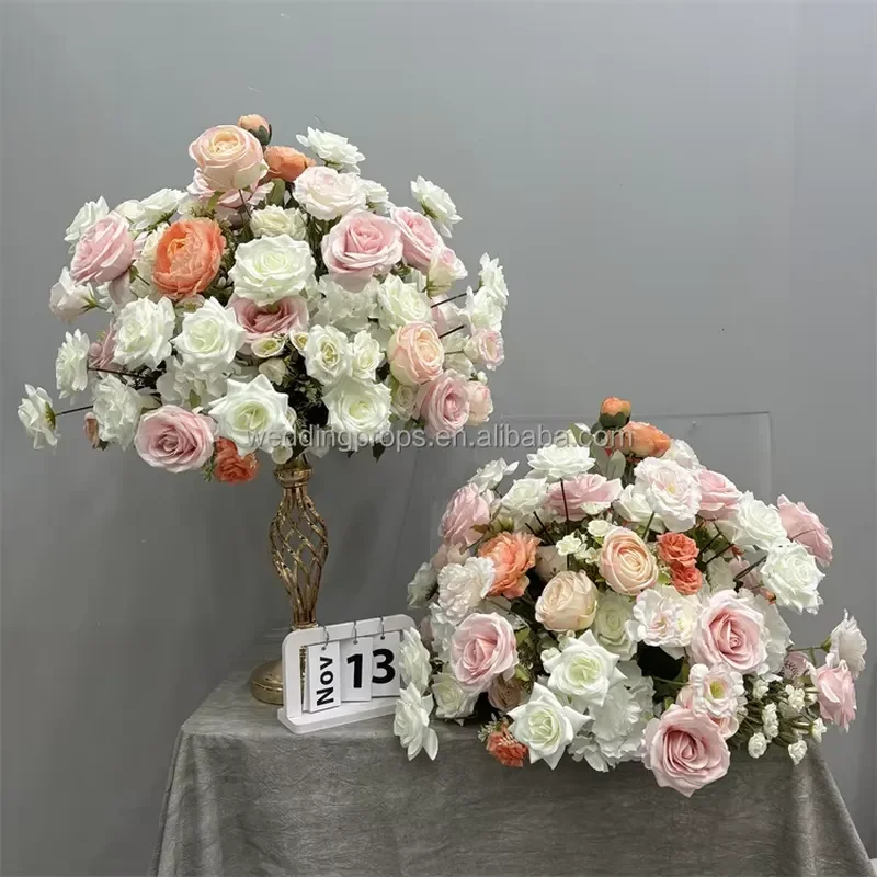 Muwei Large Handcrafted Fabric Flower Ball Artificial Mixed Floral Arrangement Vase Display for Wedding Party Decor