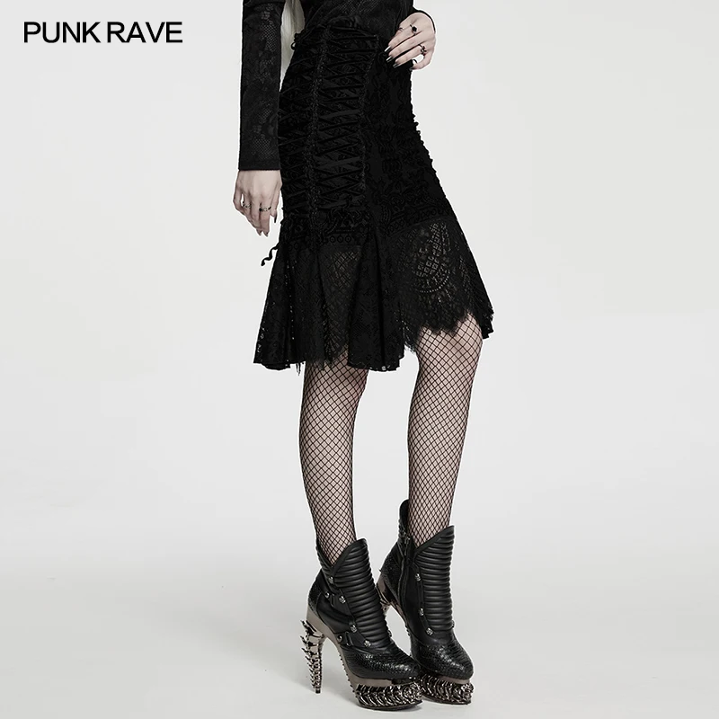 PUNK RAVE Women's Gothic High-quality Vintage Lace Transparent Sheer Skirt Cross Strap Design Sophistication Mystery Club Skirts