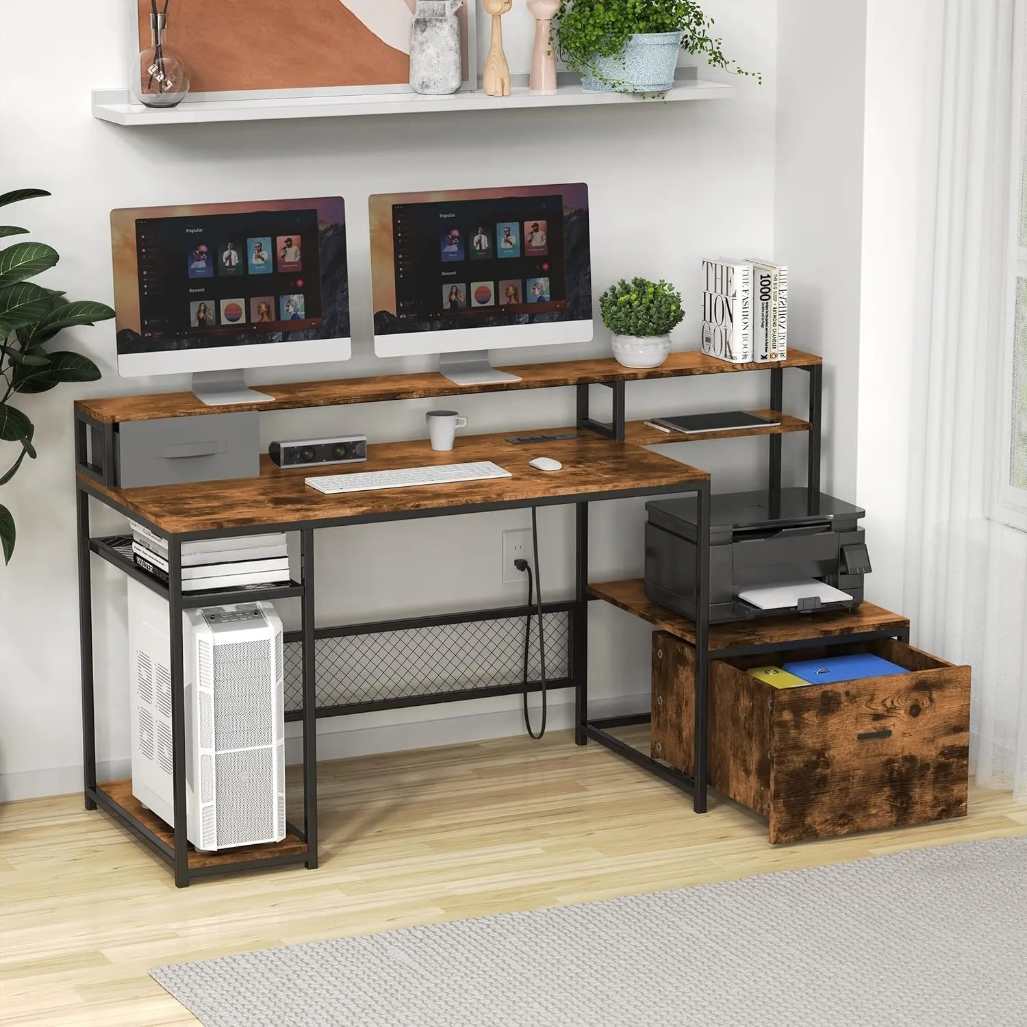 Home Office Desks with Drawers, 66'' Computer Desk with Storage, Office Desk with Monitor Stand, Work Desk with Outlets and USB