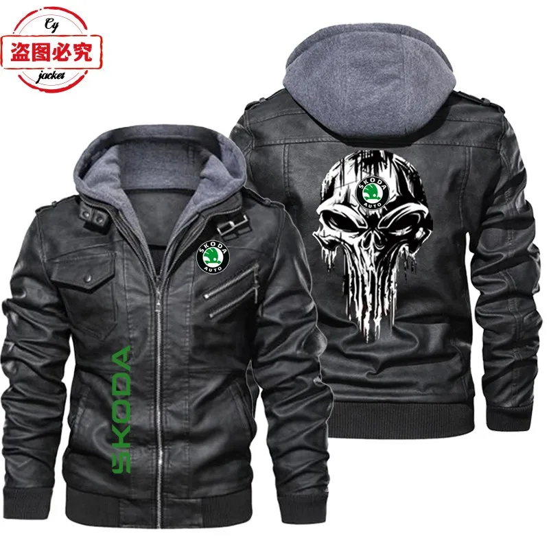 WRC rally Skoda racing car logo pu leather jacket windproof men's hooded jacket skoda car logo jacket