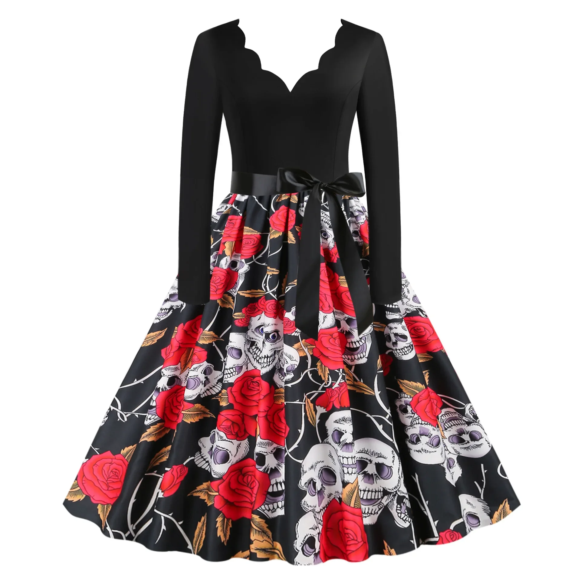 Cosplay Enge Schedel Print Halloween Kostuums Carnaval Verkleedfeest voor Vrouwen Lange Mouw 1950s Avondfeest Galajurk Elegant