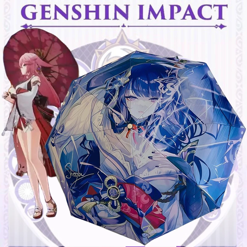 Genshin Impact Anime Umbrella Creative Hutao Three-folding Parasol Genshin Raiden Shogun Folding Umbrellas Anime Rain Gear Gifts