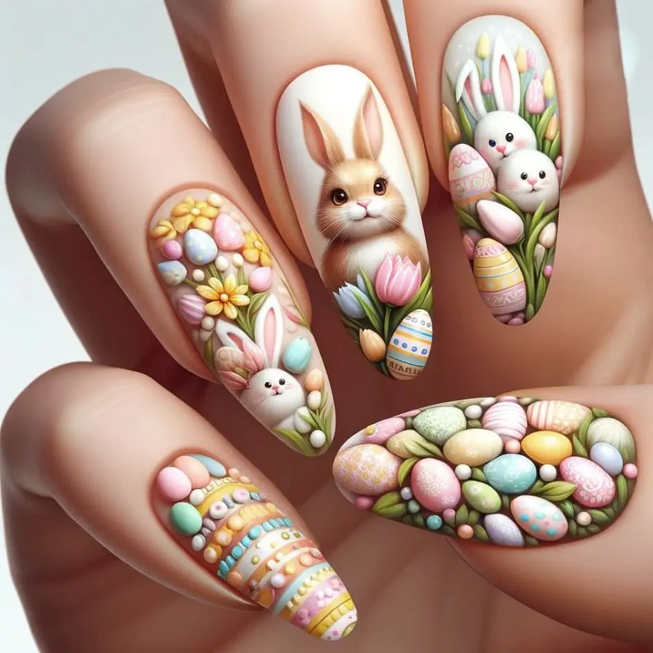 24pcs Easter Bunny Fake Nail Tips Chinese Cute Flowers Leopard Print Press on Nails Wearable Full Cover European False Nails