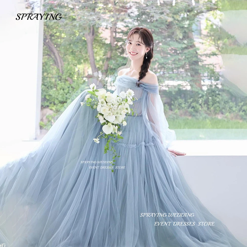 

SPRAYING Graceful Light Blue Wedding Dress Korea Photo Shoot A Line Off Shoulder Bridal Gown Soft Tulle 웨딩드레스 Custom Made