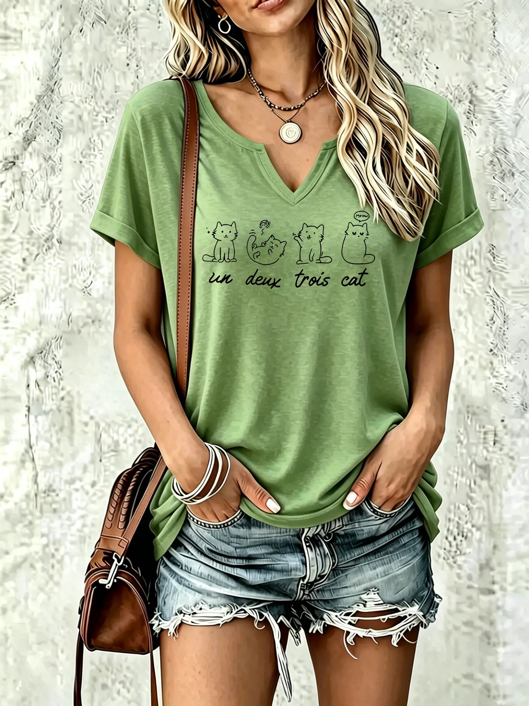 Damen-Sommer-T-Shirt mit V-Ausschnitt und kurzen Ärmeln, Un Deux Trois Cat Line Art Kitten Letter Graphic Print, lässiges, tägliches Damen-T-Shirt – Detail 2