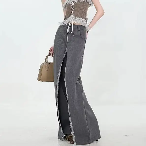Gray Lace Splicing Design Suit Pants Women Loose Draping Slimming Wide-Leg Pants Trousers Early Spring New Style