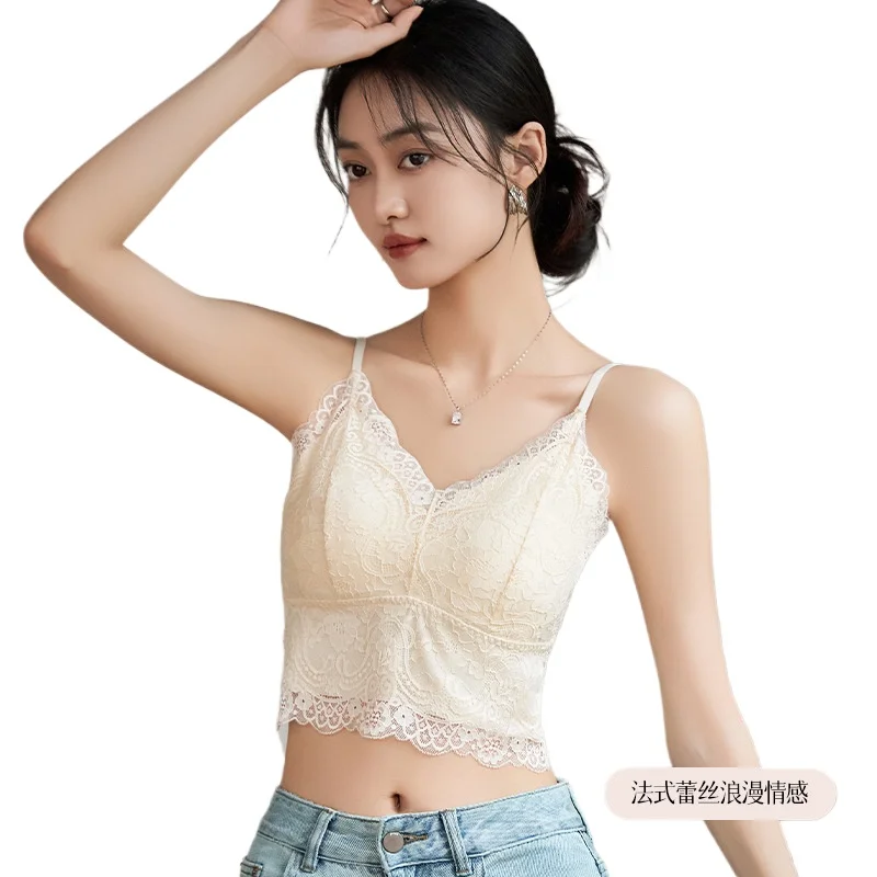French Sexy Lace Chest Pad Suspender Top Beautiful Back Integrated Bra Bottom Vest for Women One Piece Pajamas Underwear