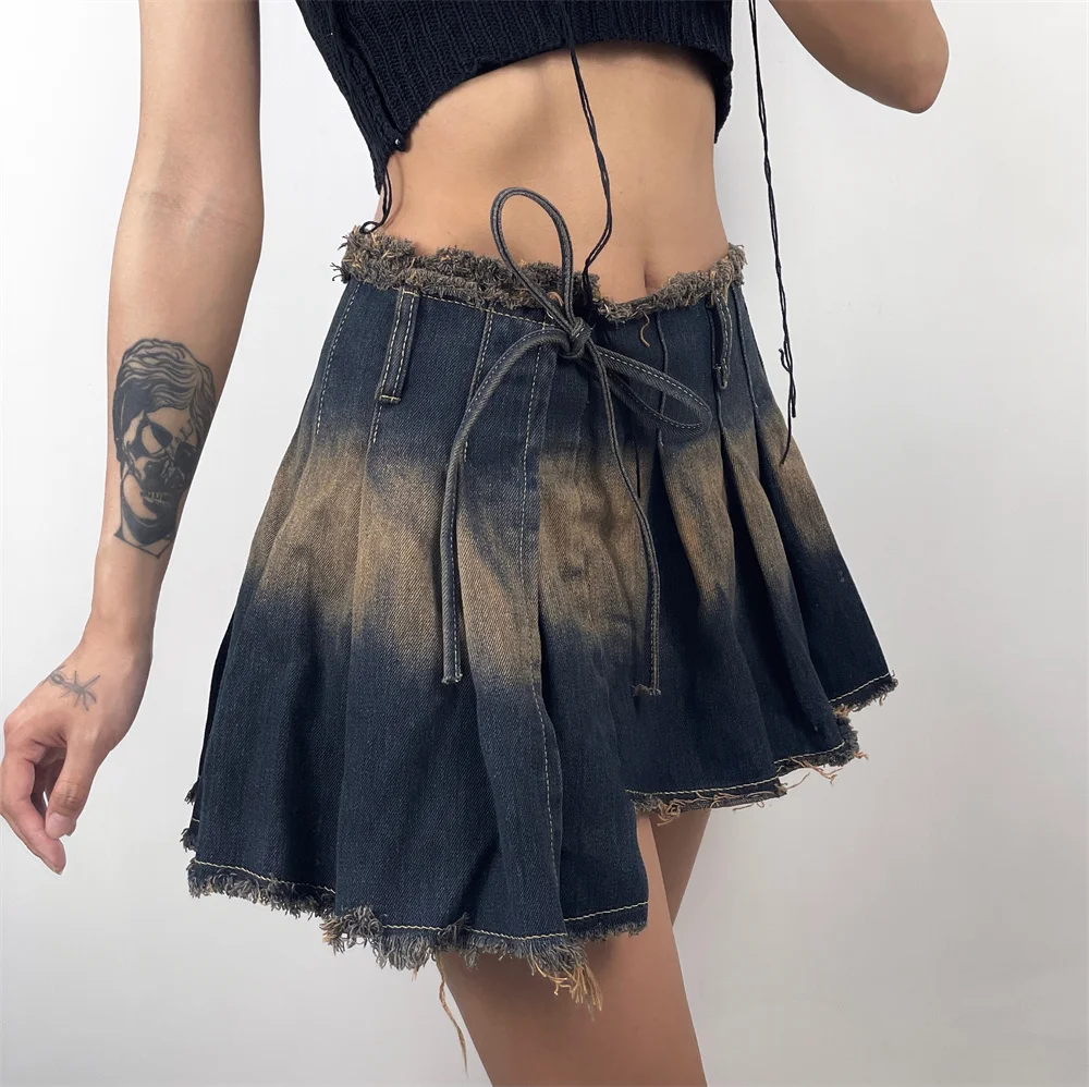 

Women's Denim Skirt with Waste Soil Style French Retro Low Waist One-Piece American Niche Sweet and Spicy A- line Pleated Skirt