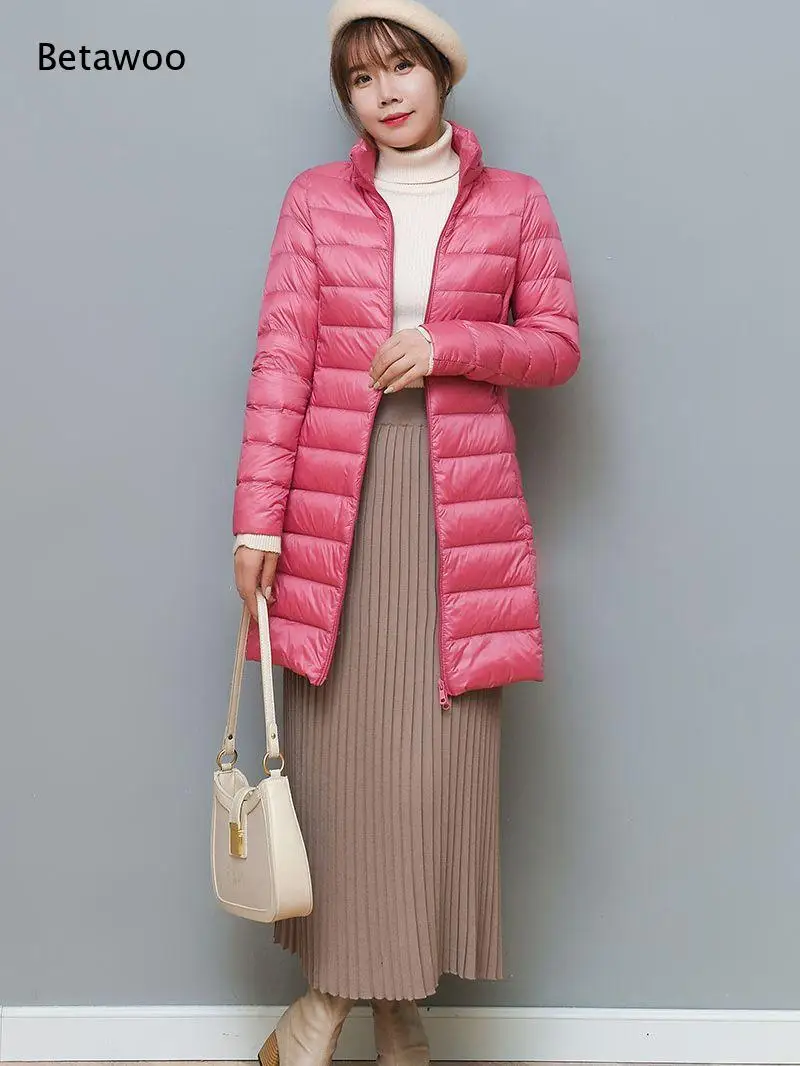 Ladies Solid Red Hooded Quilted Puffer Jacket Long Sleeve Zipper Front Casual Mid Length Down Alternative Coat