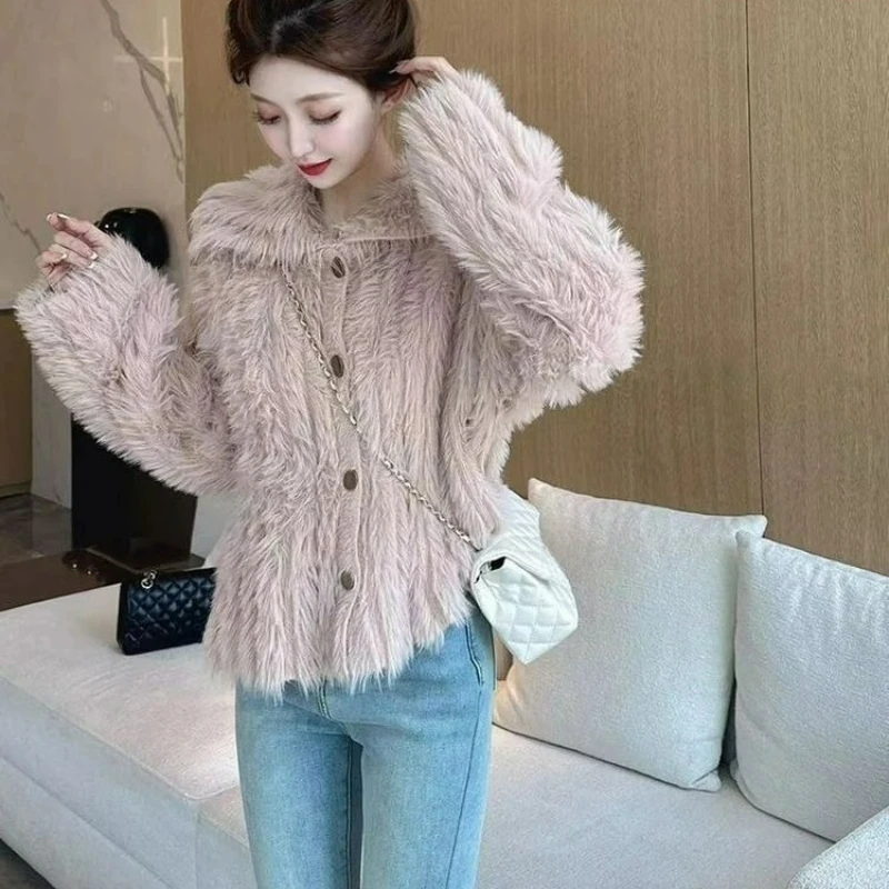 เสื้อคลุมไหมพรมมิงค์ถักทออย่างมีสไตล์ รุ่นใหม่สำหรับฤดูใบไม้ร่วงและฤดูหนาว เสื้อคลุมตัวนอกทรงหลวม เสื้อสเวตเตอร์หนาสำหรับผู้หญิง