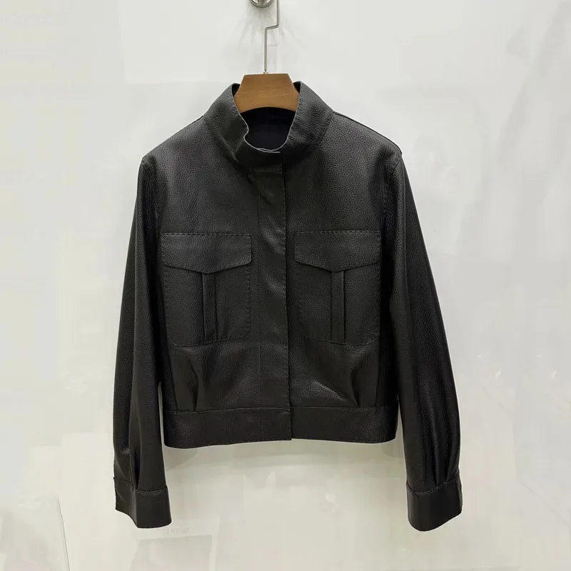 Genuine Leather Jacket Lychee-Patterned Sheepskin Soft Short Length Big Pockets Women Coat Spring Autumn