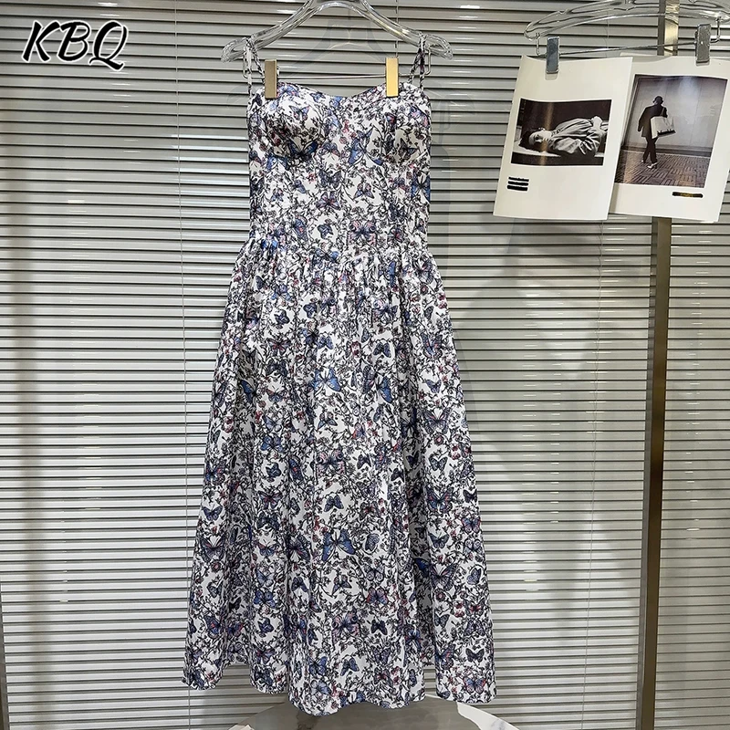 

KBQ Hit Color Butterfly Smudging Printing Backless Dresses for Women Square Collar Sleeveless High Waist Dress Female Fashion