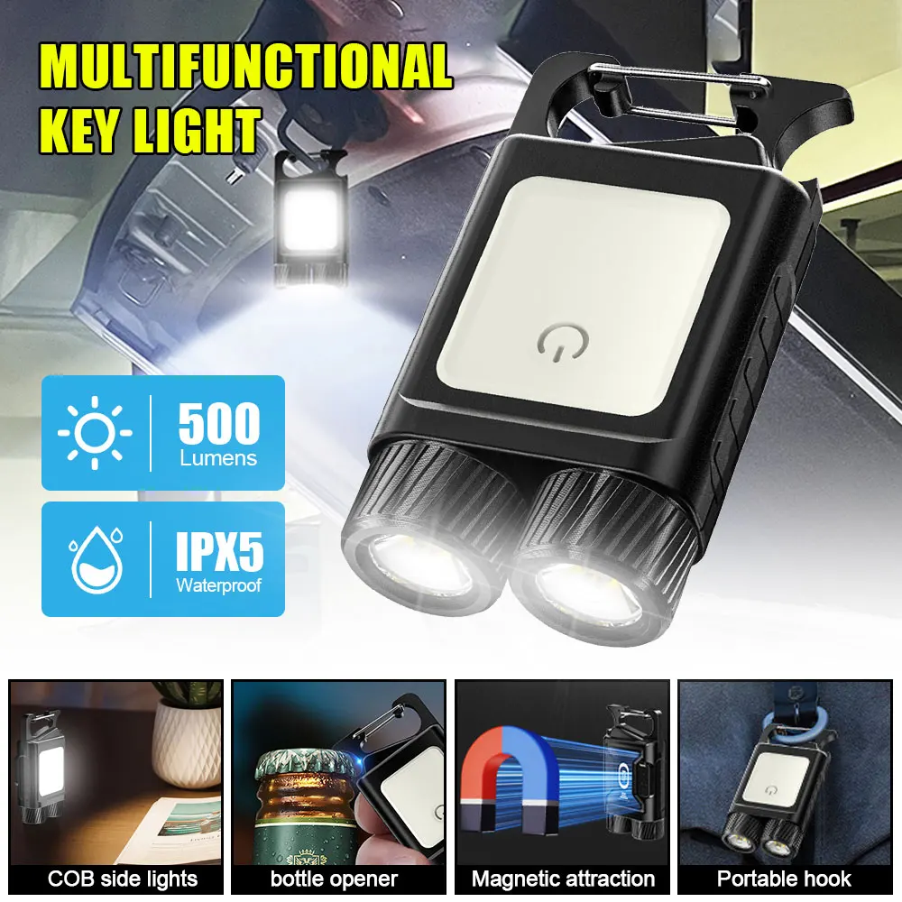 

LED COB Portable Pocket Flashlight Type-C USB Charging Work Light Keychains Camping Lantern Outdoor Bottle Opener Lightweight