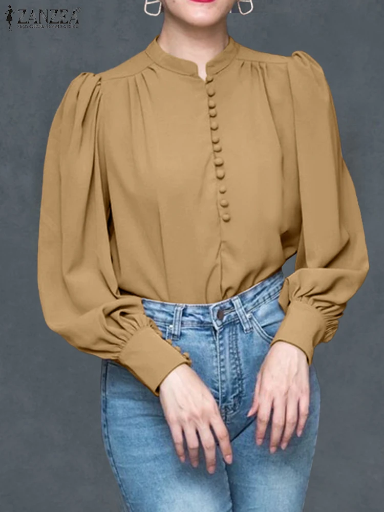 ZANZEA Elegant Shirts Stylish Women Long Lantern Sleeve Blouse 2025 Autumn Stand Collar Office Lady Tops Casual Solid OL Blusas