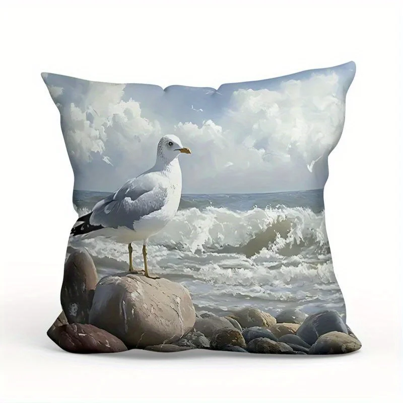 Seascape Seagull Pillow Cover Coastal Decor Cushion Case Polyester Zipper 16x16 Inch Square Calm Beach Scene Home Office Decor