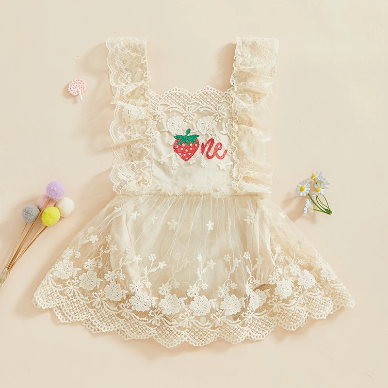 Baby Girls Summer Romper Dress Sleeveless Strawberry Embroidery Lace Tulle Patchwork Romper