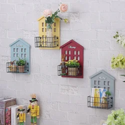 Wood House Iron Wall Hanging Basket Storage Holder Shelf Display Board Vintage Home Bedroom Kids Room Wall Decorations