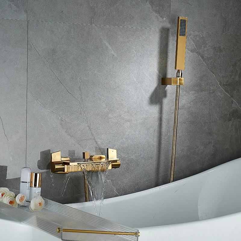 Brushed Gold Bath And Shower Faucet Set Wall Mounted Bathtub Faucet Gun Grey Brass Bathroom Waterfall Shower Mixer Bathroom Taps