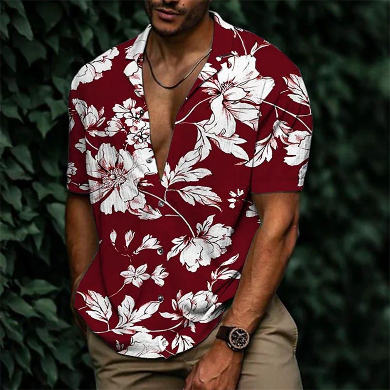 Men\'s Hawaiian Shirt Floral Lapel Print Outdoor Street Short Sleeve Button-Up Fashion Casual Fabric Comfortable Breathable