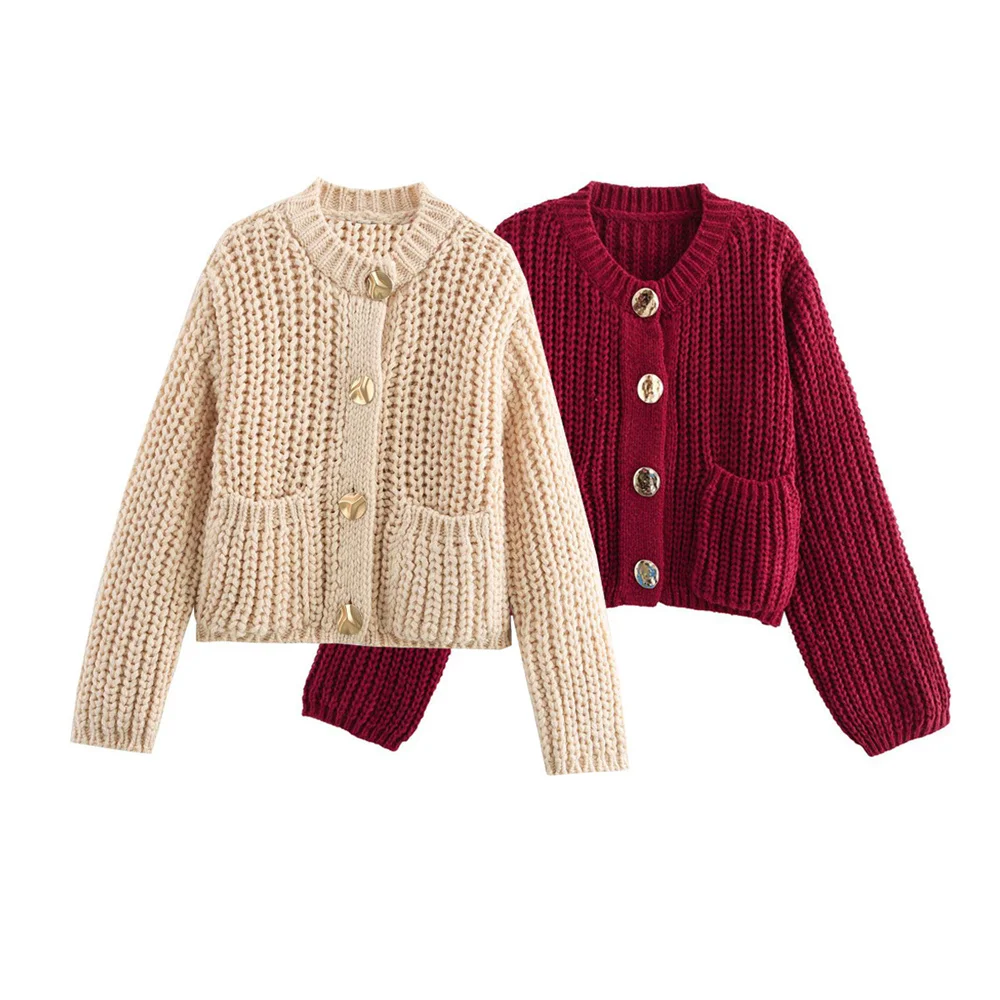 

BMURHMZA Women's Single breasted Pocket with Coarse Needle Coat Winter New Round Neck Long Sleeve Knitted Cardigan