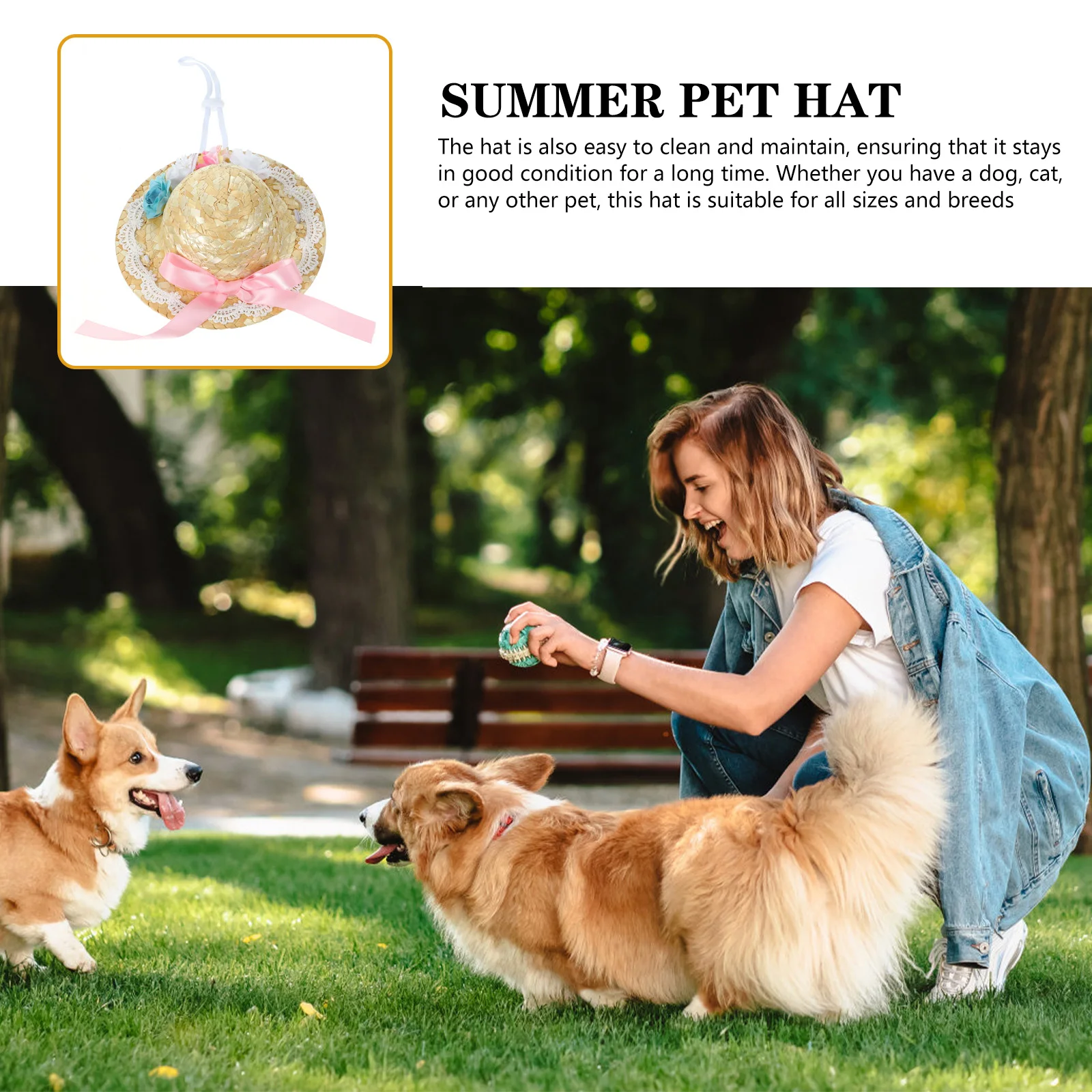 

Dog Hat Handmade Woven Bowknot Design Summer Outdoor Use Puppy Accessory Pet Straw Hat Costume Headgear Wear-Resistant