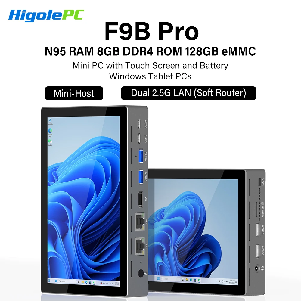 Higole F9B Pro 7インチ Intel N95 ミニPC（画面付き）Windows 11 WiFi5 8GB 128GB 5000mAh デュアル2.5G LAN デスクトップコンピューター Windowsタブレット