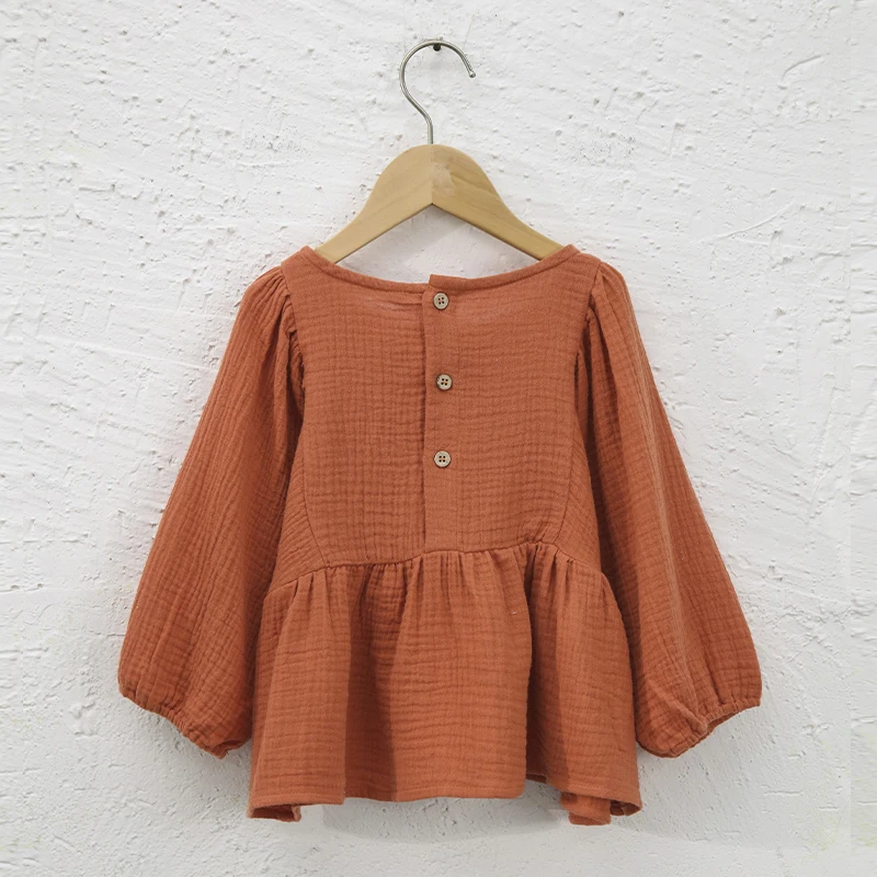 100% Gauze Cotton Girls Ruffled Tops Summer New Children\'s Solid Color Round Neck Casual Loose Blouse