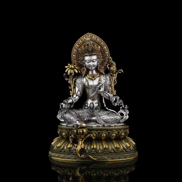 15CM Tibet Silver Plated Green Tara Buddha Copper Statue