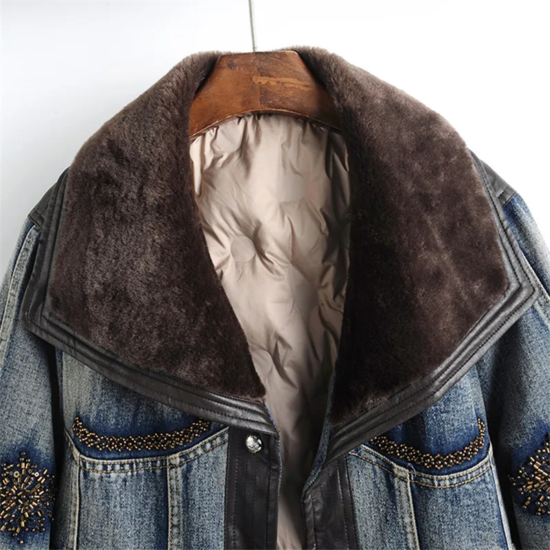 

Джинсовая куртка с подкладкой из искусственной кожи и бисером, женская повседневная ковбойская верхняя одежда, зимняя толстая винтажная свободная короткая джинсовая куртка, женская