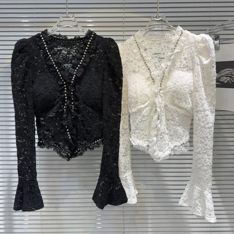 2024 Autumn New Arrival Long Flare Sleeve Sexy V Neck Rhinestone Embroidered Beadings Lace Blouse Gs145